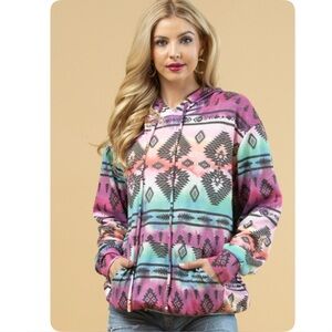 Fall Approved Jade/Magenta Aztec Print French Terry Kangaroo Pocket Hoodie